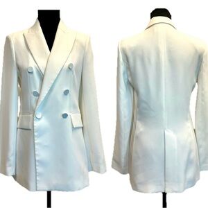 Zara white double breasted tailored fitted blazer fabric covered buttons Sz XS
